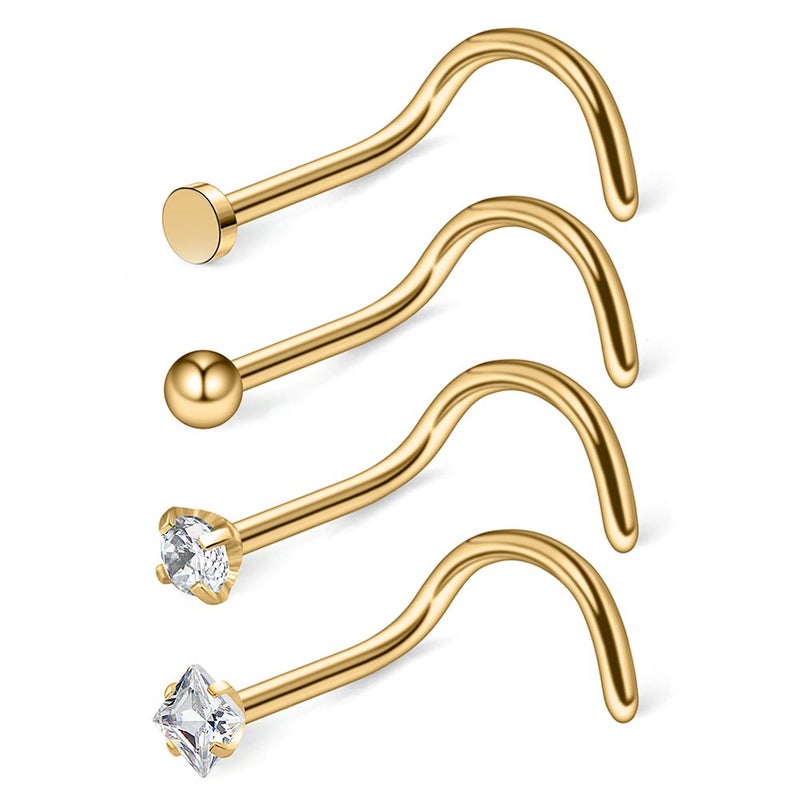 Ruifan 4PCS 18G 316L Surgical Steel 2mm Top Flat & Ball & Clear Round & Square CZ Curved Nose Stud Ring Screw Piercing Jewelry - Gold - Image 1